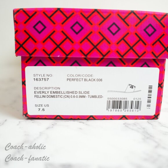 NIB Tory Burch Everly Embellished Crystal Logo Flat Slide Sandal Black Leather - Picture 9 of 9
